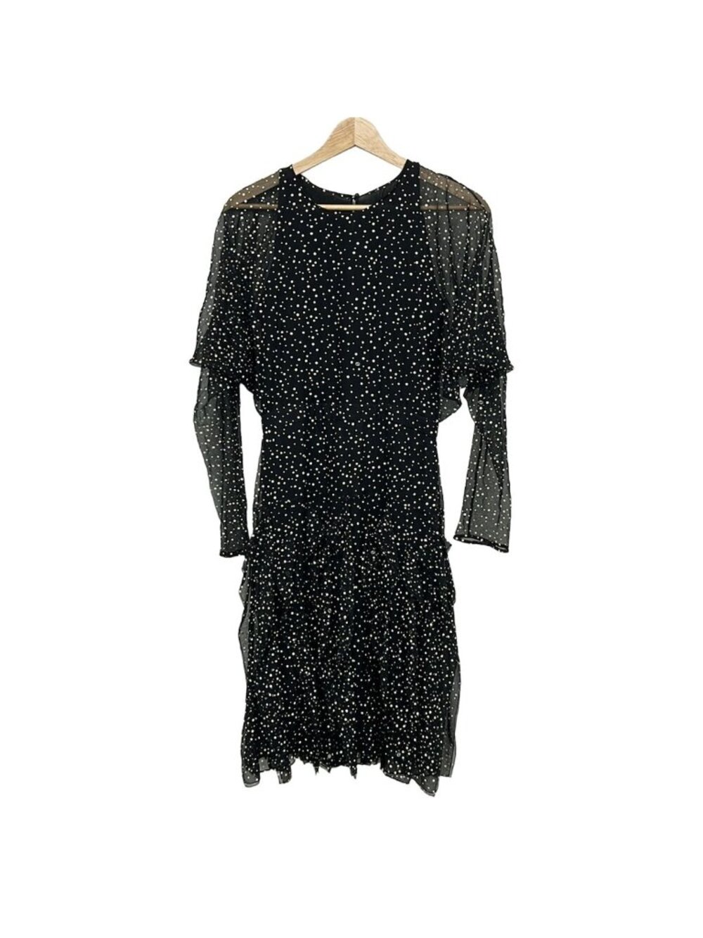 Gucci Dress S Black Ivory Silk Dot Pattern Frills Sheer